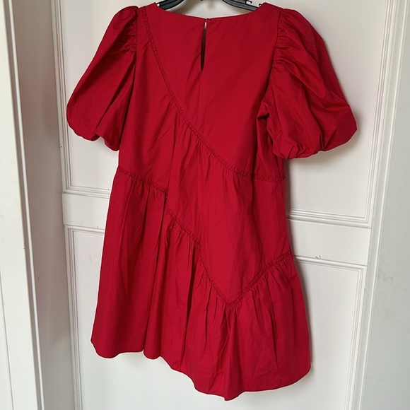 ENGLISH FACTORY Women's Asymmetric Poplin Tiered Sadie Dress Red Raspberry Small - Picture 10 of 11